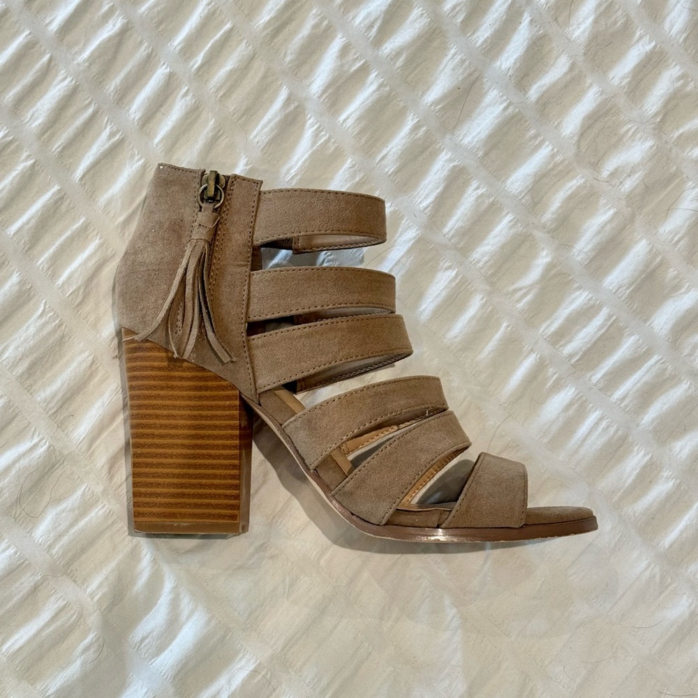 JustFab Tan Block Heel Strappy Sandals